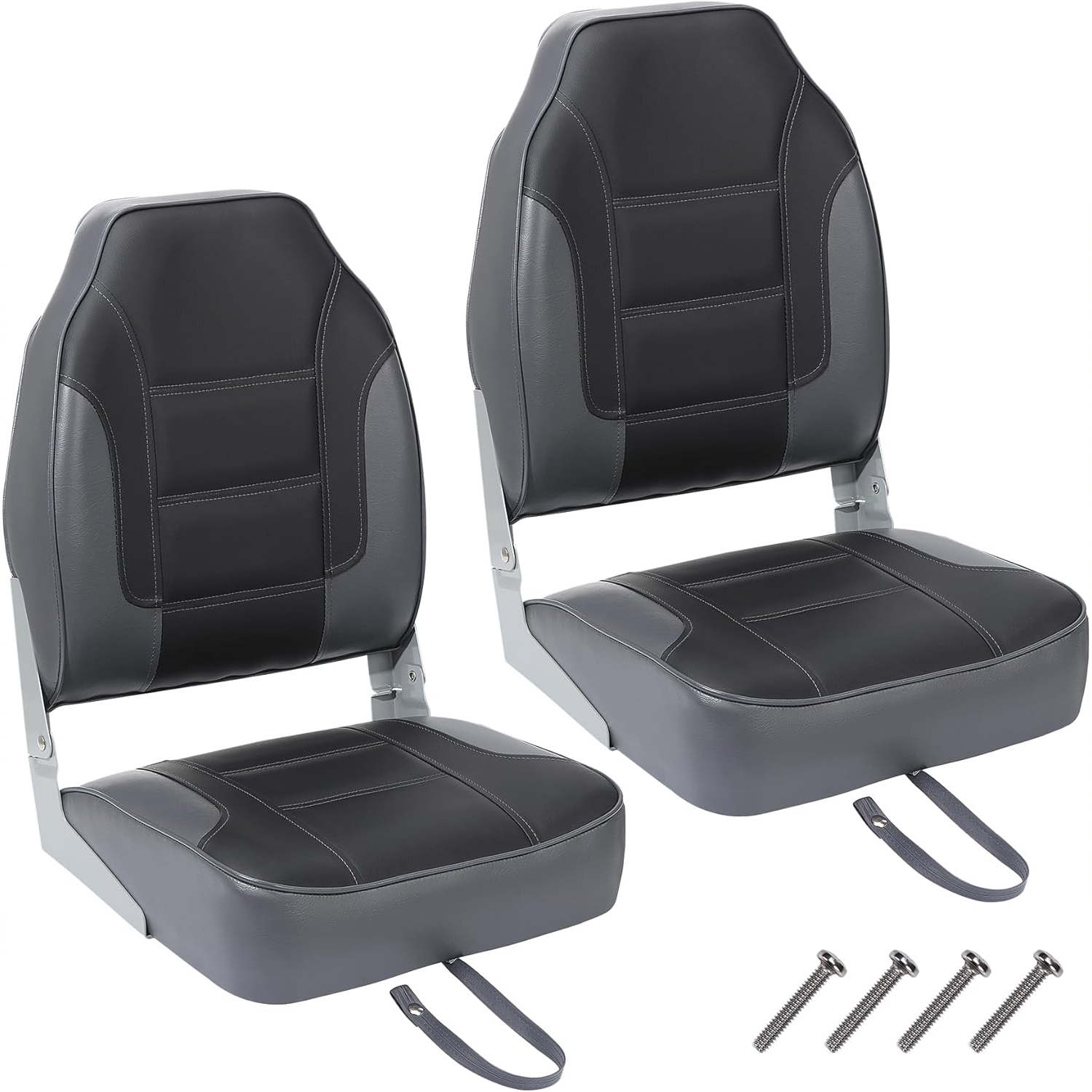 Fishing Boat Seat - เบาะเรือพับได้ 2 ชิ้น, เบาะเรือตกปลาพนักพิงสูง, เก้าอี้เรือนั่งสบายพร้อมฟองน้ำหนานุ่มและบานพับ, สีเทาเข้ม